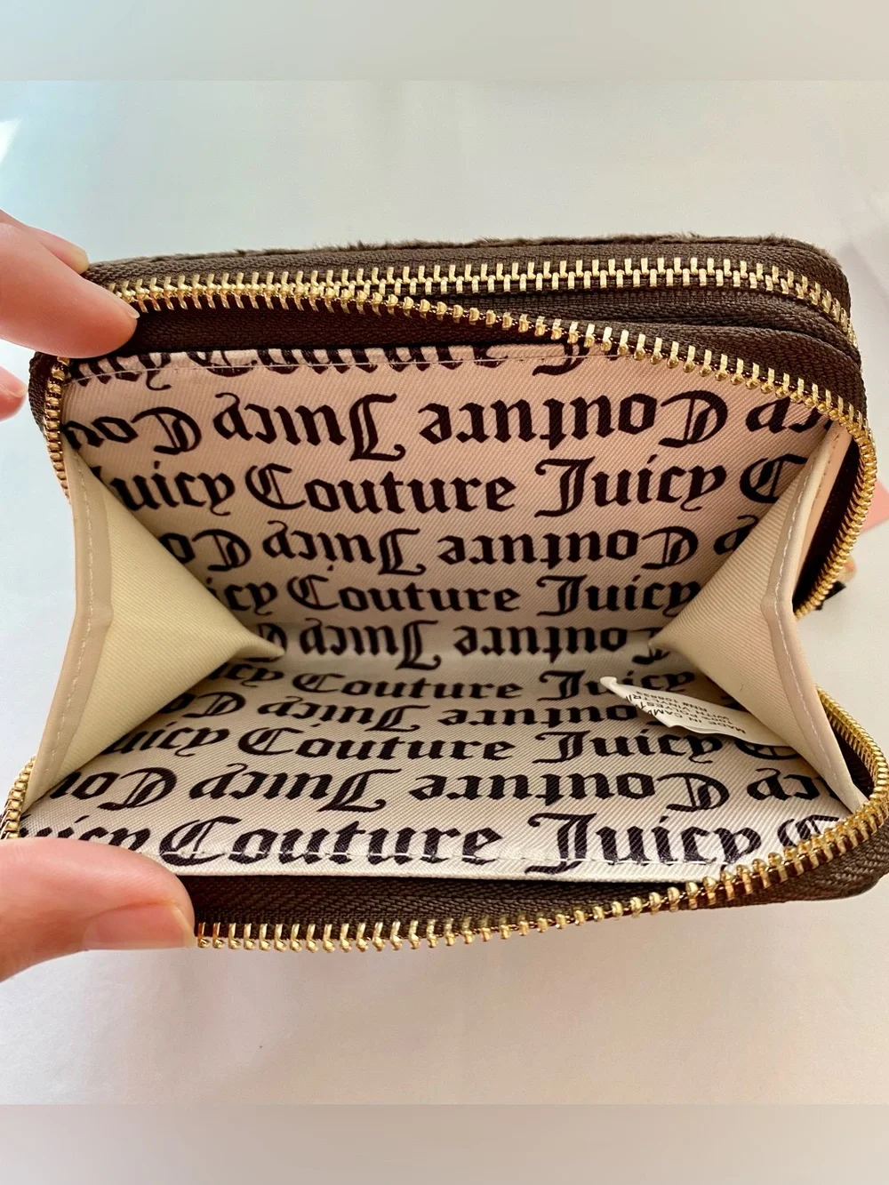 Juicy Couture Brown Plush Zip Wallet with Pink Crest Embroidery